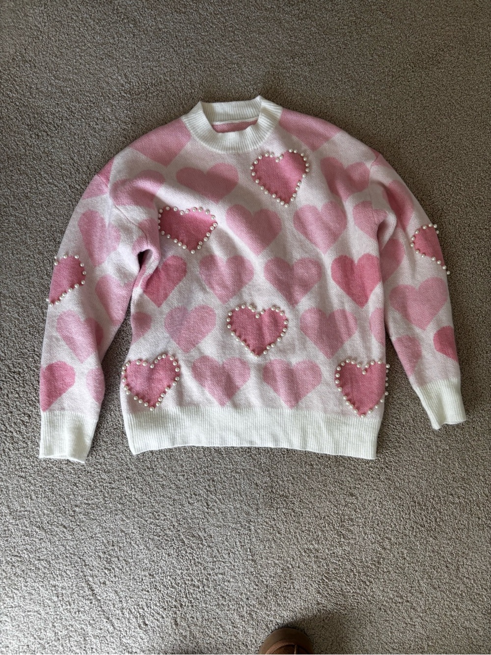 Women’s Pink Heart Pearl-Embellished Sweater